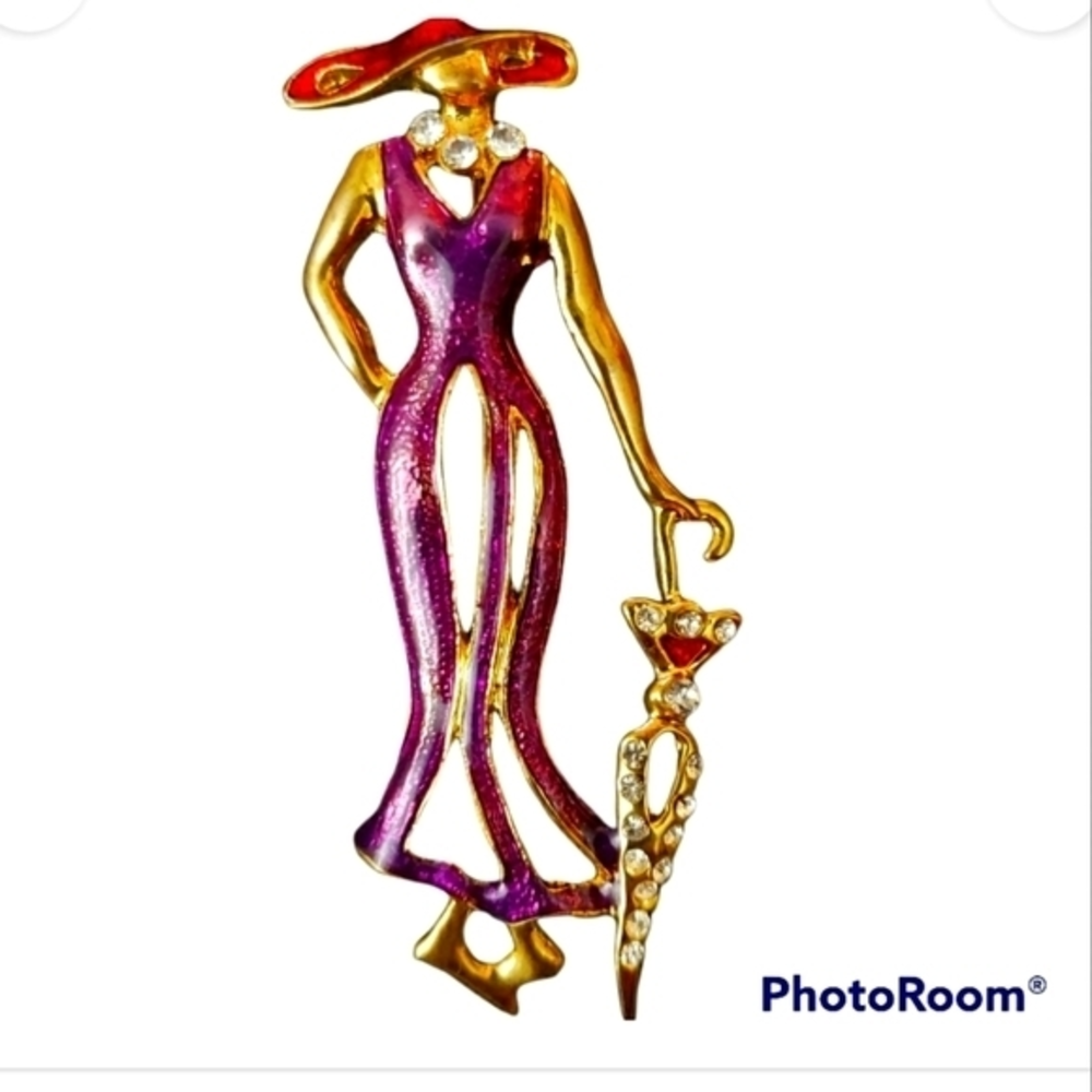 Sleek Woman in Purple Red Hat w/ Umbrella Brooch Red Hat Ladies